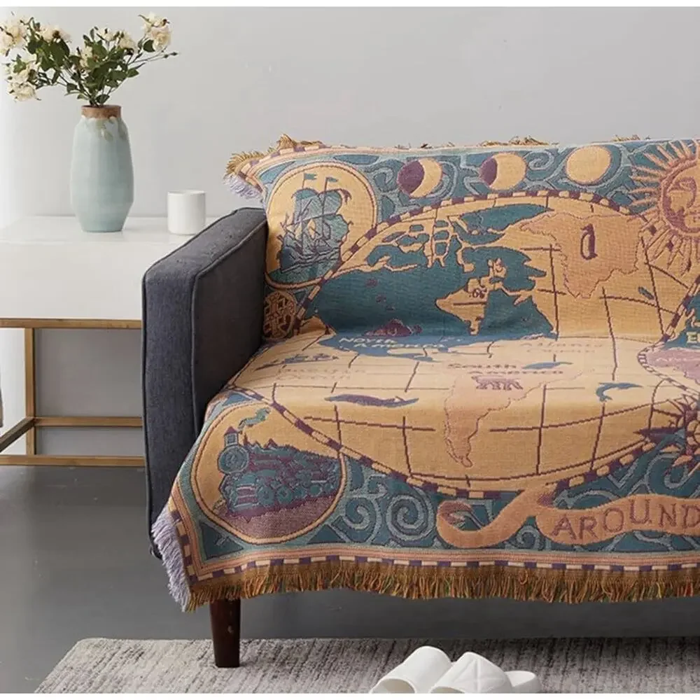 World Map Throw Blanket Wall Tapestry 3 Layers Cotton Woven Sofa Blanket 70x51”